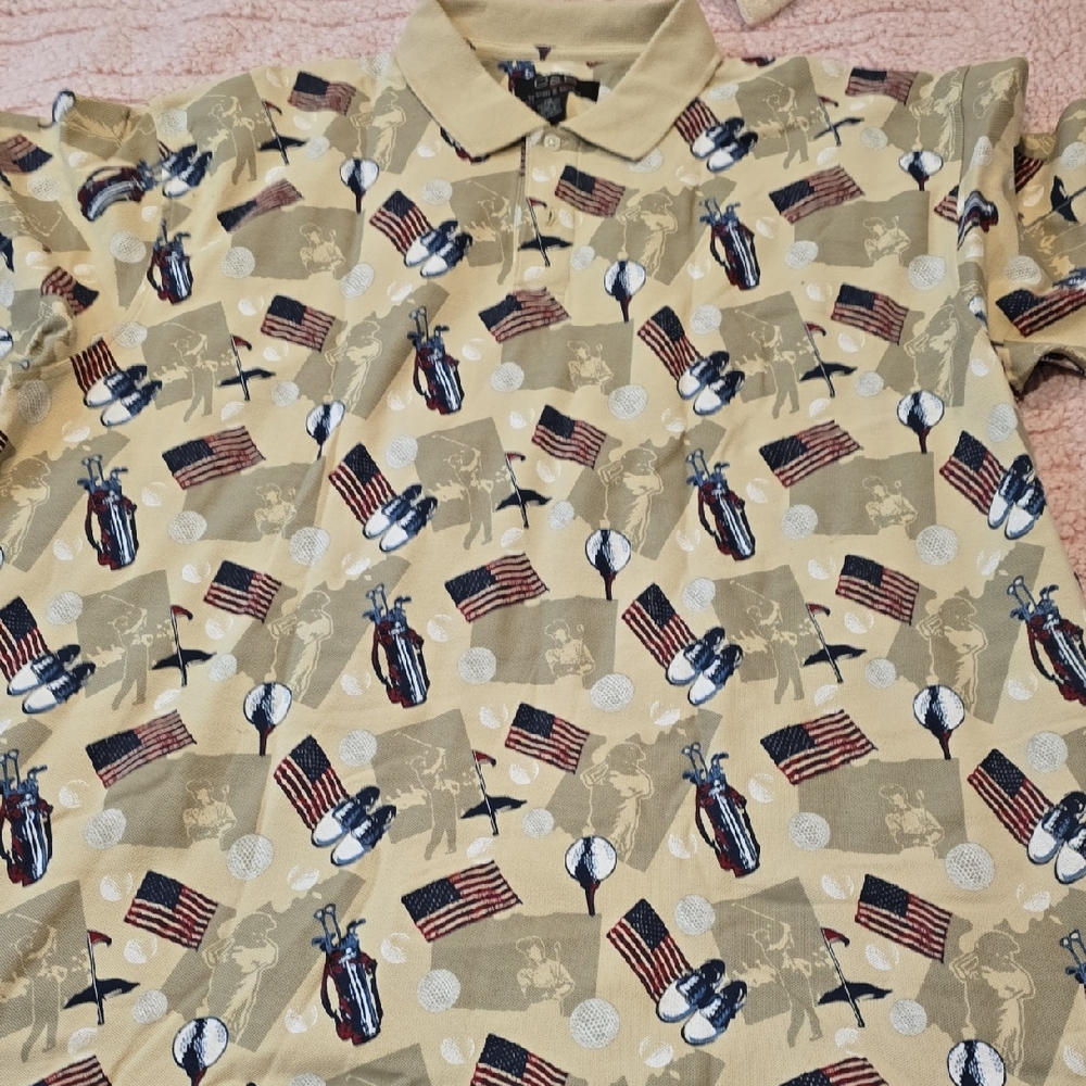 Men's Beige Golf American Flag Print Polo Shirt 100% Cotton